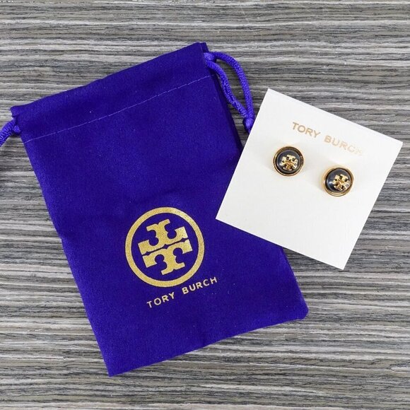 Tory Burch Melodie Pearl Logo Stud Dome Earrings Black/Tory Gold OS - Picture 11 of 13